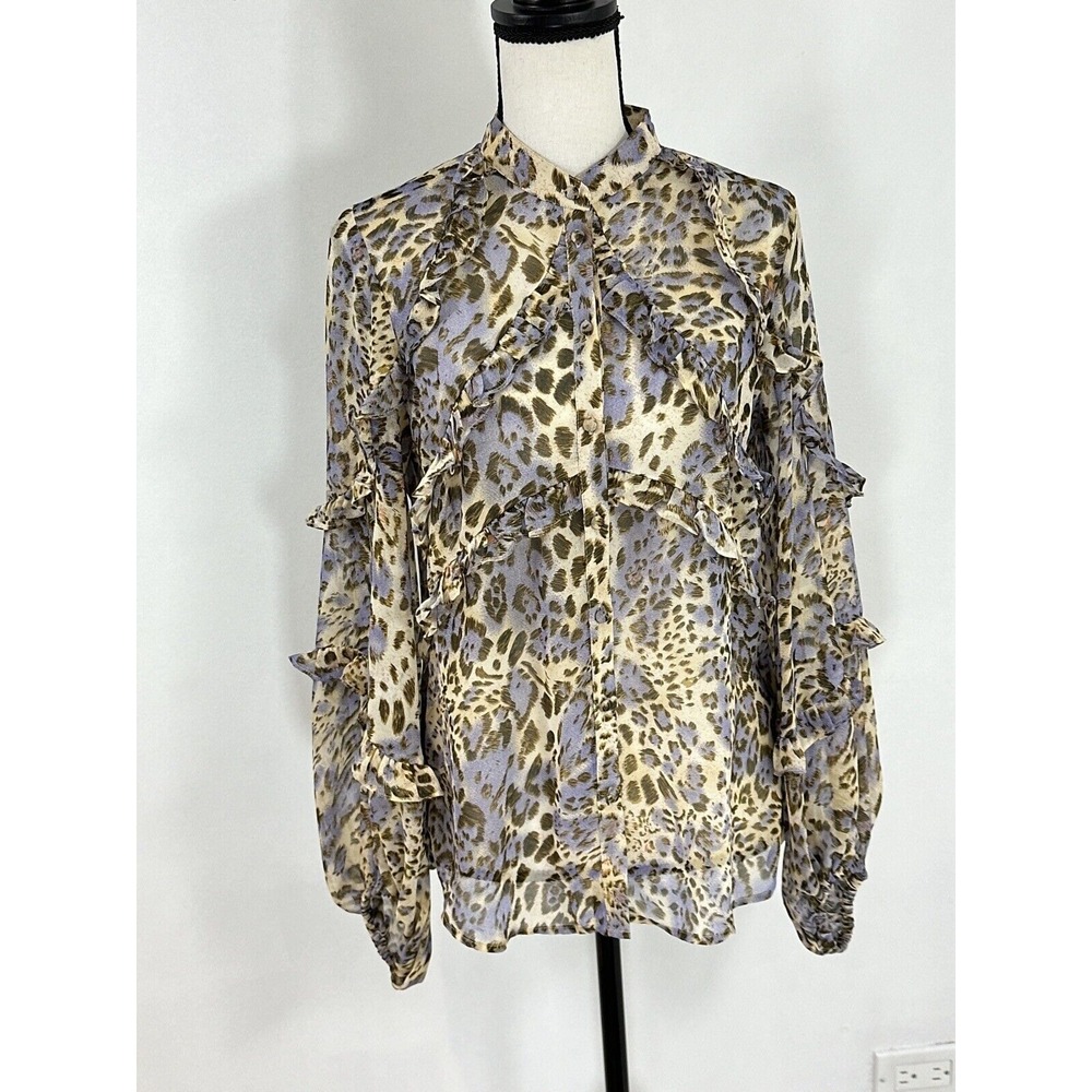 Bardot Blouse Ruffle Puff Sleeves Leopard Print Button Down Frilly Work Medium 6